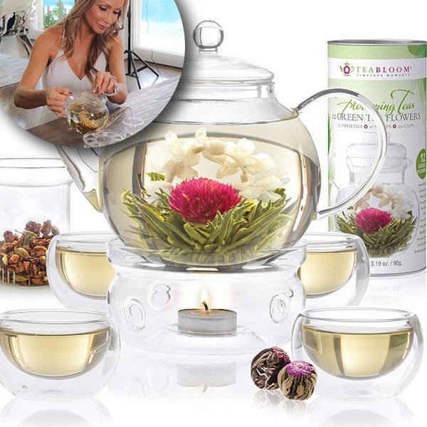 Teabloom Complete Tea Set - Stovetop Safe Glass Teapot with 12 Flowering Teas